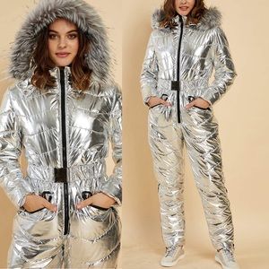 -❄️ Women  SILVER Winter Onesies Ski Suit Fur Collar Ski Jumpsuit Snowsuit *NEW*